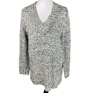Chaps Sweater Tunic V Neck Black White Knit Silver Metallic Thread Side Slits XL